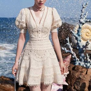 Camile Womens Beige Embroidery Lace Elegant Dress Summer V-Neck High Waist Mini Bodycon Woman Clothing Vintage Party Dresses Hollow Out