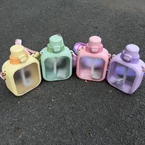 GIAVOS 700ml Cute Square Water Bottle with Straw and Strap | BPA-Free Plastic Slim Bottle | Thin Drinking Bottle | Botol Air Comel | 可爱水壶