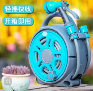 Retractable Garden Hose Reel with 6 Function Spray Gun with a lightweight portable hose holder with a handle