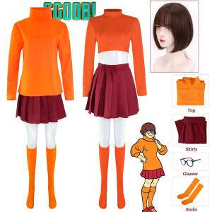 Movie Scoob! Velma Dinkley Cosplay Costume Scooby Doo Velma Dress Skirt Socks Glasses Outfit Velma Short Hair Wig Halloween Carnival Uniform Dress