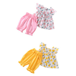 Mùa Hè Bé Gái Giản Dị Tay Áo Loe In Hoa Quả Áo Phông Áo + Bộ Quần Đùi Trang Phục Bộ