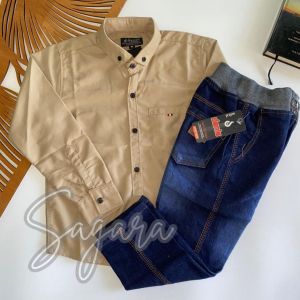 Setelan Kemeja anak laki-laki lengan panjang Celana JEANS lengkap warna