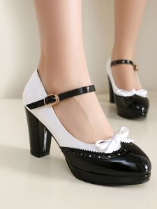 รองเท้าส้นสูง Mary Janes สำหรับผู้หญิงไซส์ใหญ่ รองเท้าส้นเดี่ยวสไตล์เกาหลี หนัง PU สำหรับสวมใส่ในชีวิตประจำวัน