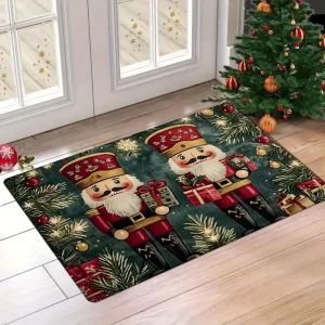 VIKAMA Nutcracker Soldier Doormat Dark Green Christmas Welcome Mat Gifts Pine Branches Entryway Rug Front Porch Decor