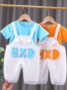 ชุดเดรสฤดูร้อนสำหรับเด็กชาย ชุดสองชิ้นแบบลำลอง ผ้าฝ้าย แขนสั้น ทรงหลวม ใส่สบาย ระบายอากาศได้ดี เหมาะกับเด็กอายุ 6 เดือนถึง 5 ปี