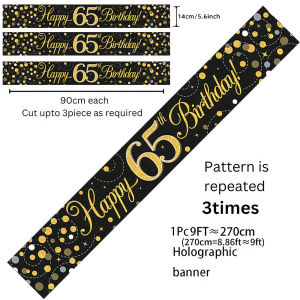 Black Gold Happy Birthday Banner 9FT Cuttable with Glitter Dots Design for 18th 21st 30th 40th 50th 60th Party Decor