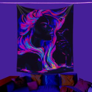 VIKAMA Blacklight Fairy Angel Neon Tấm Thảm Treo Tường Với Tóc Màu Hồng Thiết Kế Hình Bướm Mềm Mại Polyester Bền Đẹp Trang Trí Nhà Thẩm Mỹ Quà Tặng