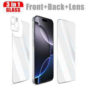 [3 in 1] ฟิล์มกระจกนิรภัยกันรอยหน้าจอ ด้านหน้าและด้านหลัง HD + ฟิล์มกันรอยเลนส์กล้อง สําหรับ iPhone 16 Plus 15 14 13 12 11 Pro Max 12 13 Mini 16e