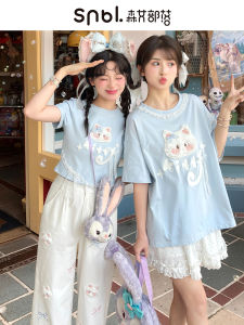 Áo Thun Tay Ngắn Rộng Rãi in Hình Mèo Màu Xanh Lam Dễ Thương Cho Nữ Mùa Hè 2025 Áo Thun Cotton Thường Ngày Cho Nữ