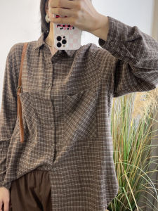 Simple Commute Personality Match Snow Blue Spruce Shirt Long Sleeve Plaid Womens Upper Apparel Cotton 100% Regular Sleeve