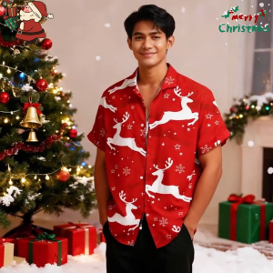 【OFSDIY】2568 คริสต์มาสชายเสื้อคริสต์มาสElkรูปแบบเสื้อเสื้อยืดสีแดงเสื้อแดงขนาดใหญ่แขนสั้นเสื้อผ้าคริสต์มาส 2026