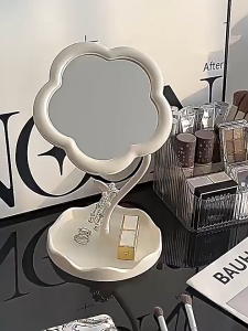 Makeup Mirror Flower Rotating Tabletop Cermin Solek Vanity Tray Jewelry Hair Accessories Decor