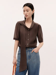 Lansy French Style Short Sleeve Shirt Womens See-through Chiffon Belted Top Summer 2025 Versatile Regular Fit Pure Color