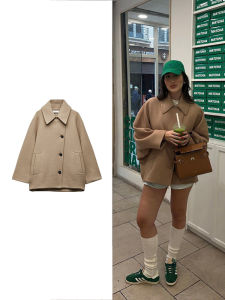 Womens Casual Vintage Khaki Coat Bat Sleeve Lapel Warm Tweed Coat Autumn and Winter Fashion Loose Single Breasted Coat