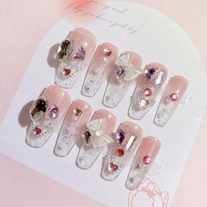 【With Glue】Mid-length Fake Nail Pink Love Bow Decor Artificial Nail for Women and Girl Party Activity