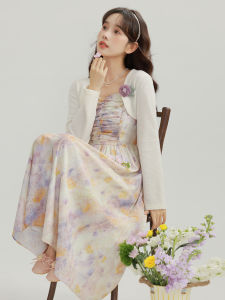 Lingjiu French Style Tea Break Sweet Gentle A-Line Dress Womens Summer New High Waist Slimming Strap Dress Two-Piece Set