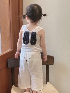 Cute Rabbit Ear Casual Summer Outfit for Girls Lightweight Kids Ensemble Trendy Vest And Pants Set for Little Girls