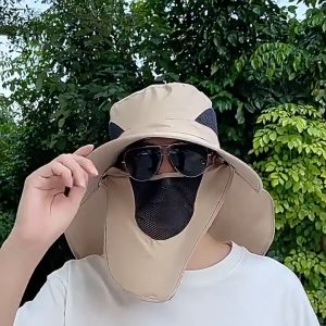 Waterproof Sun Hat Fishing Hat UV Protection Foldable With Removable Mask Breathable Big Brim Sun Protection For Summer Outdoor Work