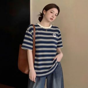 AIYITI | Stripe Short Sleeve Loose Cover Belly Top