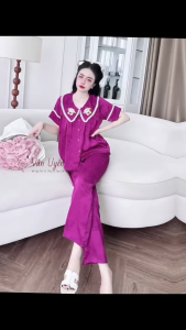 Bộ Mặc Nhà Cao Cấp Lụa Latin cao cấp Thêu Gấu Dày Mịn Ít Nhăn Quần Lưng Thun Dài 92cm Có Túi < 57kg