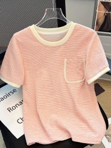 Summer 2024 Womens Loose Fit Short Sleeve T-Shirt with Beaded Pocket Korean Style Cotton Polyester Blend round Neck Top