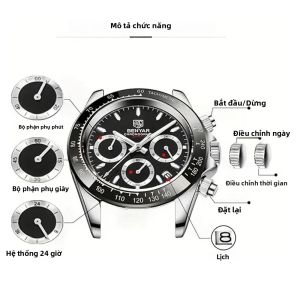 Đồng Hồ Nam BENYAR Quartz Chronograph Bằng Thép Không Gỉ Chống Nước Sang Trọng Dành Cho Doanh Nhân Có Đèn Dạ Quang Đánh Số Ả Rập