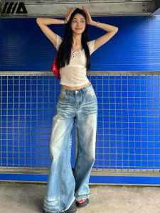 Quần Jeans Denim Ống Rộng Màu Xanh Nhạt Cho Nữ Mùa Xuân 2025 Quần Dài Dài Đến Sàn Ôm Dáng Rộng Có Lưng Thẳng Quần Dài Thường Ngày