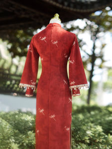 Red New Chinese Style Reformed Womens Autumn Winter Flag Robe Dress Slim Fit Suede Velvet Drinking Ceremony Evening Gown