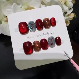 เล็บปลอม งานเจลแท้100% ลายโบว์แฟลขแดง ✔︎ไม่ลอก ✔︎ สวยเหมือนทำร้าน