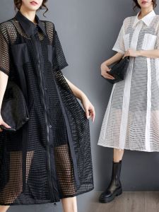 Summer Fashion Mesh See-through Pocket Design Shirt Dress Womens A-line Mid-length Skirt Single-piece Zipper Casual Style