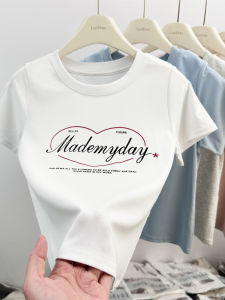 Slim Fit Short Sleeve T-Shirt Womens Summer New Style Pure Cotton Printed Sweet And Spicy Girl Short Length round Neck Top