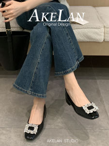 รองเท้าส้นหนาแบบสวมข้อต่ำสำหรับผู้หญิง สไตล์ฝรั่งเศส ทรงหัวเหลี่ยม ด้านในทำจากหนังแกะ รองเท้าแฟชั่นส้นเตี้ย