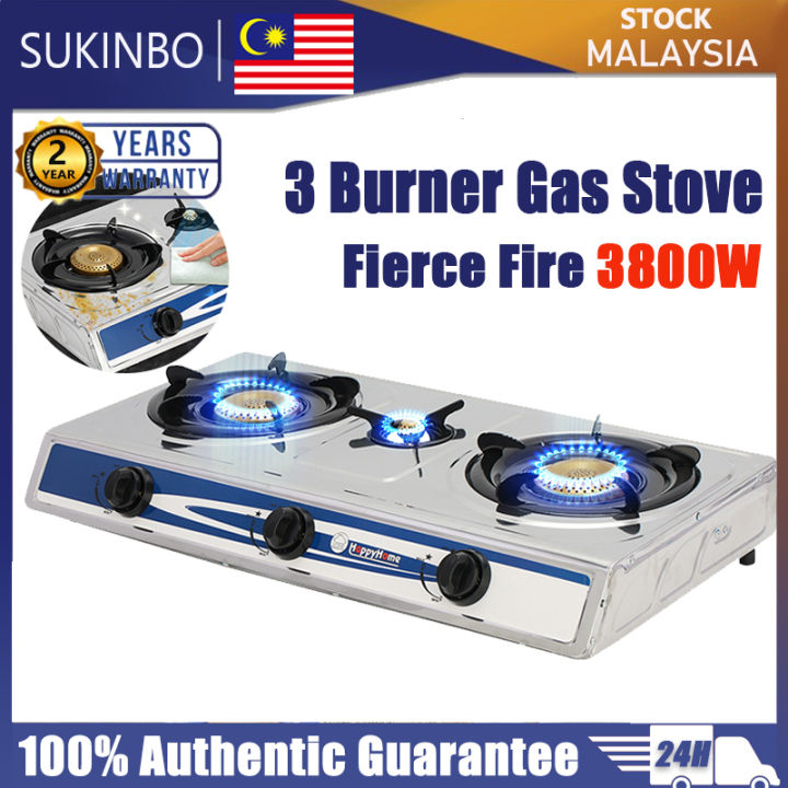 SUKINBO Three Burner Gas Stove Stainless Steel Gas Stove Home Desktop