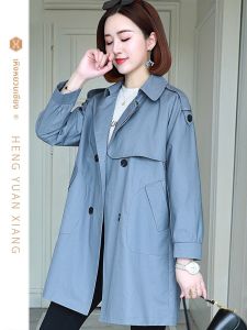 HENGYUANXIANG | เสื้อแจ็คเก็ตผ้าฝ้ายแท้ 100% ทรงหลวม สำหรับผู้หญิง สีน้ำเงิน ทรงหลวม ยาวปานกลาง เสื้อคลุมกันหนาวฤดูใบไม้ผลิและฤดูใบไม้ร่วง