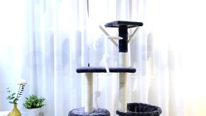 Deep Grey Cat Tree House Wood Cat Condo Bed Scratcher House Tower Hammock Climbing Scratcher House Rumah Pokok Kucing