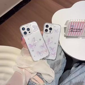 Ốp Điện Thoại iPhone 17/16/15/14/13 Pro Max Plus Trong Suốt Chống Sốc Đính Kim Tuyến Hình Bướm 3D Sang Trọng