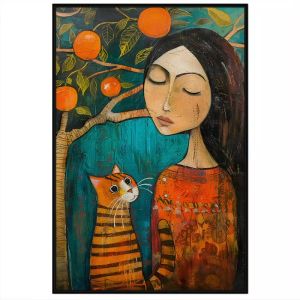 Tranh treo tường tranh dán tường tranh trừu tượng cô gái buồn bên cạnh mèo vàng tranh decor trang trí phong cách hiện đại in Canvas. CGI-368