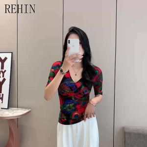 REHIN Women‘s top Summer new fashion printed V-neck pleated mesh short-sleevedshirt floral eleganr blouse