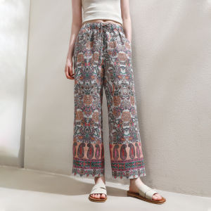 Miccbeirn | Casual Pure Hanflax Wide Leg Pants Artistic Straight Cut Elastic Waist Nine Point Holiday Style Small Size High Waist Trousers