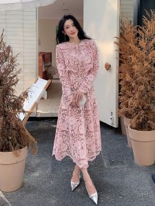 Pink Lace Maxi Skirt Dress Sleeveless High-End Open Cardigan Top Elegant Two-Piece Set Womens Fashion Ensemble
