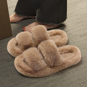 รองเท้าแตะผู้หญิง ฤดูใบไม้ร่วง/ฤดูหนาว สไตล์สตรีท รองเท้าแตะขนสัตว์ รองเท้าแตะแบบสวมหัวคู่ รองเท้าแตะส้นแบน พื้นยาง