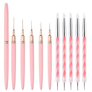 10Pcs Nail Liner Brush Set UV Gel Nail Brushes Kits Silicone Point Flower Nail Pen French Stripe Line Painting Drawing Tools