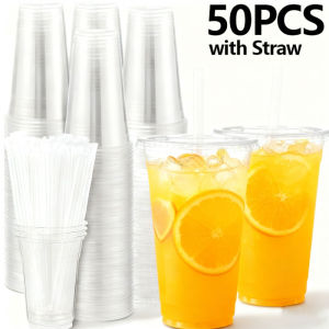50PCS Disposable Plastic Cup with Lids and Straw Coffee Smoothie Disposable Clear Cup with Straw Birthday Wedding Container