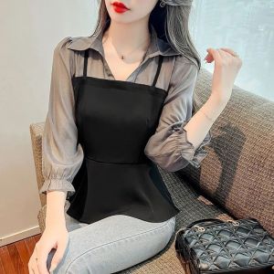Fashionable Casual Shirt Design Fake Two-Piece Waist-Cinching Sleeveless Patchwork Spring Summer Top Korean Style Bubble Sleeve