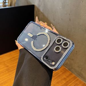 New Blue Diamond Shiny Phone Case for Apple 17Promax Electroplated Transparent Wireless Magnetic Absorption 16Plus Edge High-End Anti-Fall for Women