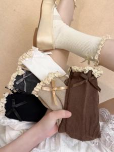 Lolita French Style Heel Bow Lace Socks Womens Tube Socks Ballet Style Mary Jane Shoes Matching Socks