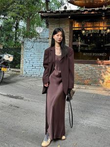 plus Size Vintage Brown Satin Strap Dress with Tailored Jacket Spring 2025 Fashion Set Long Sleeve Polo Collar Button up