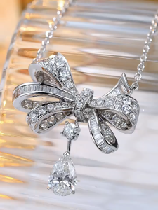 18k Gold Lab Diamond Bow & Pear Drop Pendant Necklace | Lab Diamond Pear Shaped Drop Necklace | Full Diamond Bow Jewelry | Minimalist Luxury Necklaces | Daily Wear Sparkling Pendant | 18K金培育钻石吊坠满钻蝴蝶结水滴钻项链