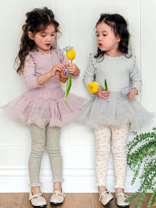 Stylish Girls Puffy-Skirt Dress Spring Autumn Season High Waist Versatile Cotton Polyester Blend Short Sleeve Long Sleeve