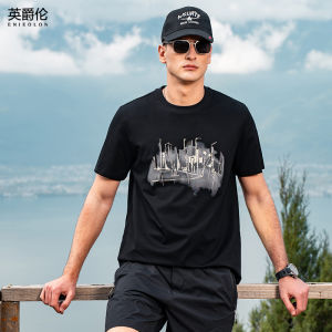 Enjeolon Tech Cool Feeling Ice Silk Cotton Short Sleeve T-Shirt Mens Summer New Trend Brand Print Half Sleeve Top